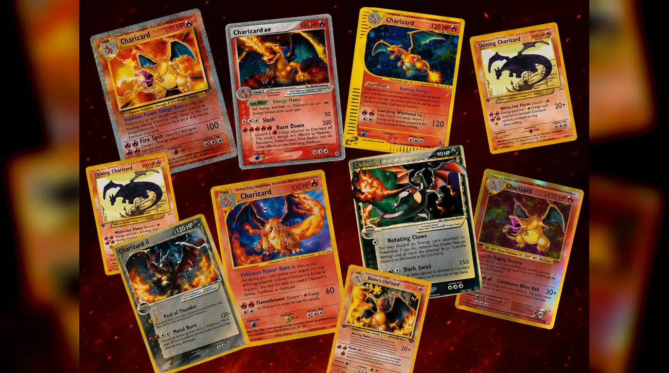 A collage of Charizard Pokémon cards from multiple eras on a fiery red background