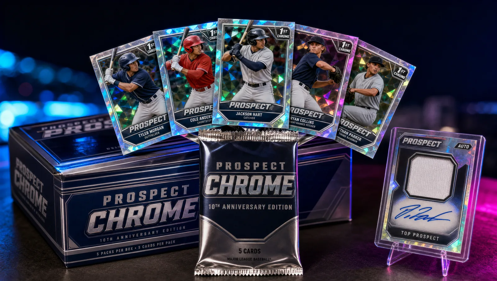 A chrome-finish 2025 Bowman Chrome booster pack opened with five rainbow-refractor prospect cards fanned out, a hobby box with chrome-foil styling, and a generic auto insert card — prospect-focused chrome product display