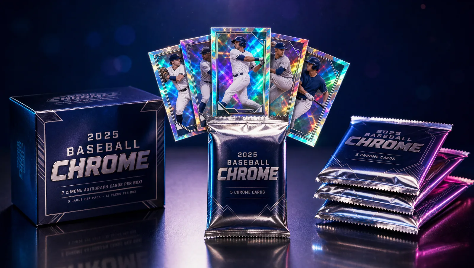 An open chrome-finish 2025 Topps Chrome Baseball booster pack with five holographic rainbow-refractor cards fanned out above a chrome-foil hobby box and three more unopened packs — flagship 2025 product display