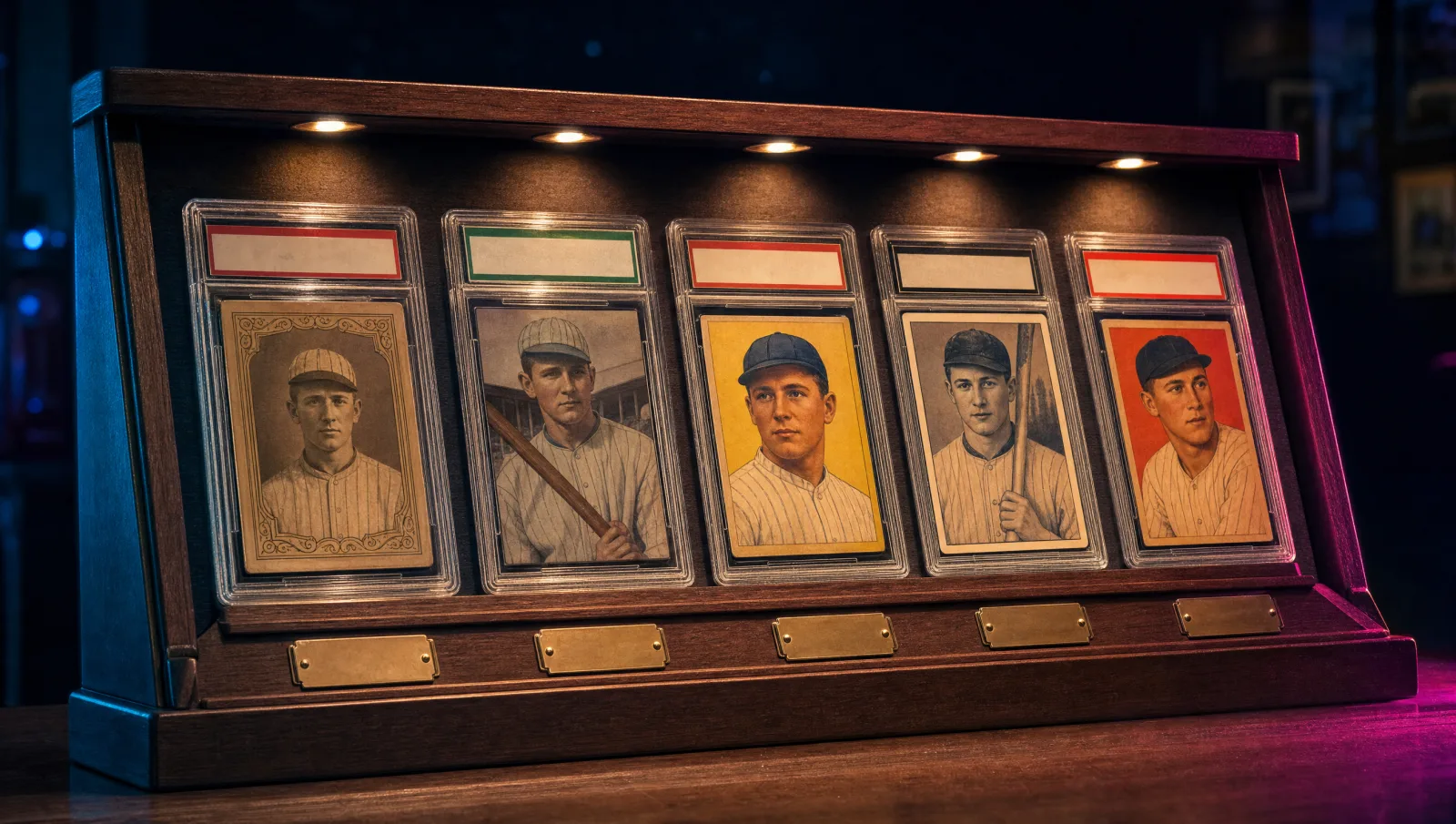 A wooden museum-style display case holding five sepia-toned graded pre-war baseball card slabs from the 1909 tobacco era through 1948, with original portrait illustrations of a fictional 1920s-1930s player in pinstripe wool uniform — Babe Ruth pre-war card lineage display