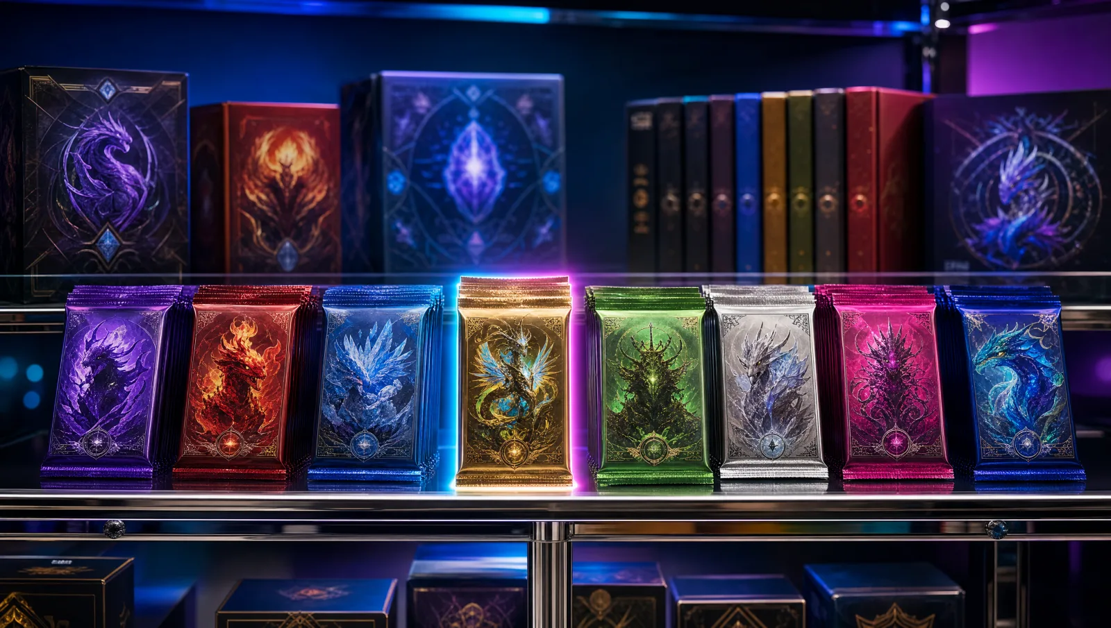 A glass-and-chrome retail shelf with eight stacks of modern trading card booster packs in varied colored wrappers like a tasting flight, one central stack highlighted with brand-gradient rim light — buyer's guide comparison display