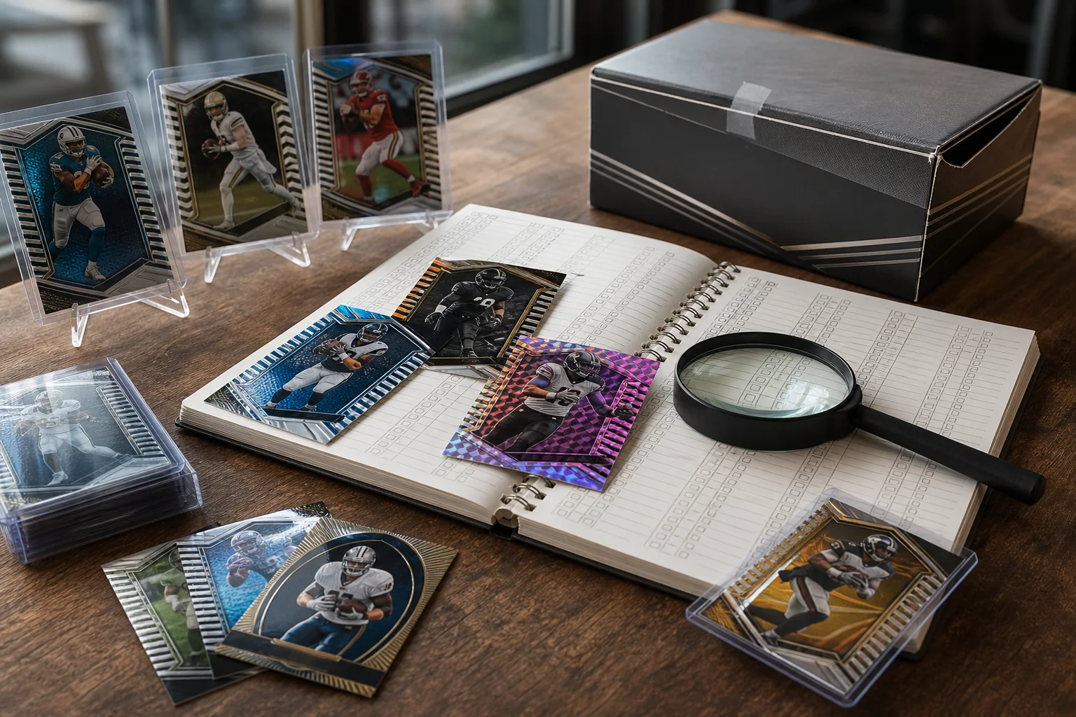Fictional modern football cards arranged over a checklist notebook with a sealed hobby box and magnifier