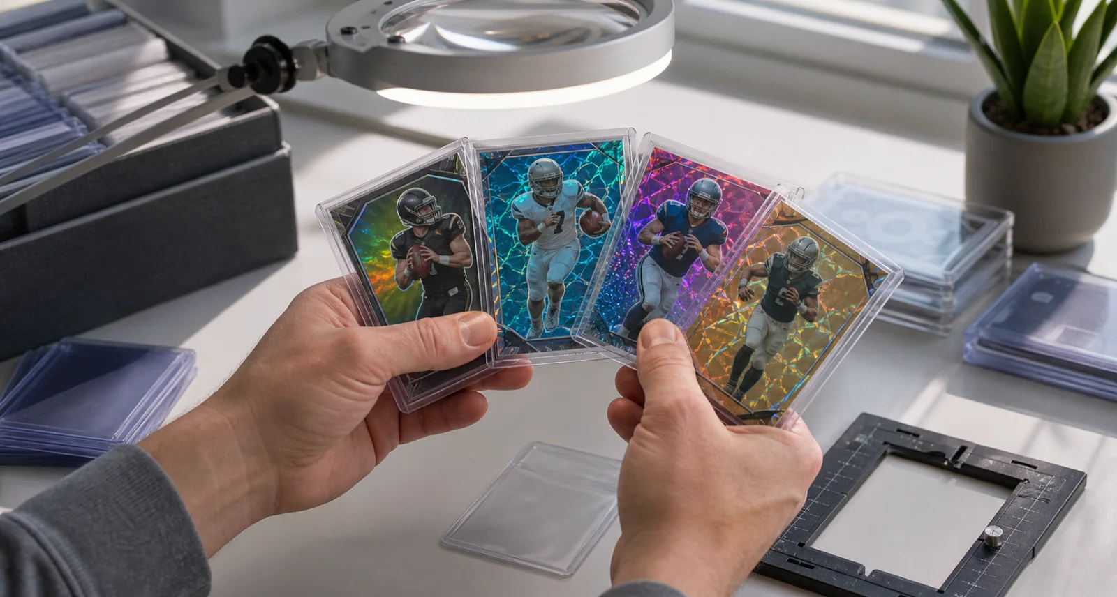 Collector comparing fictional chromium football cards under a daylight inspection lamp
