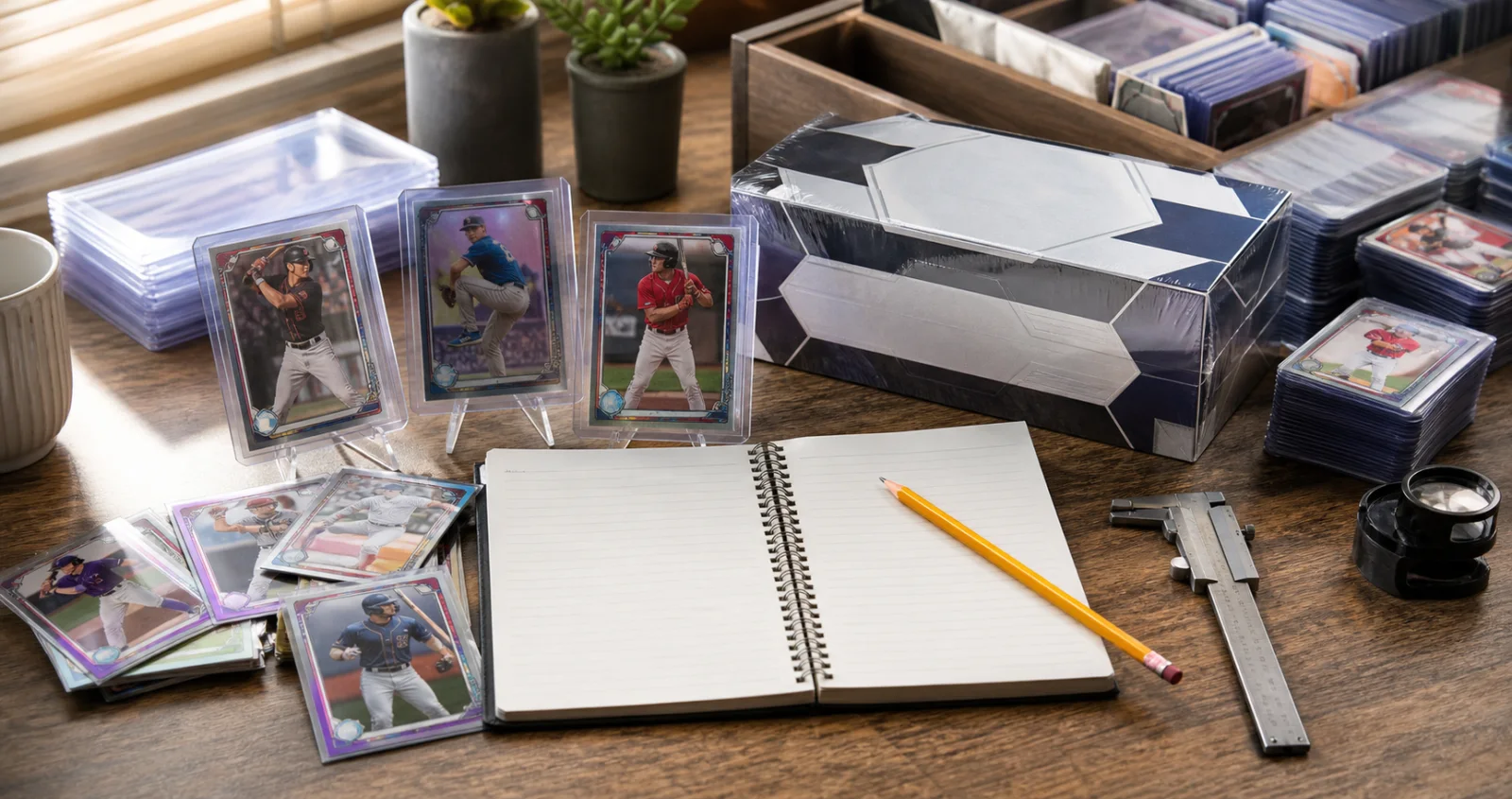 Fictional baseball prospect cards, sealed hobby box, roster notebook, and measuring tools on a research desk
