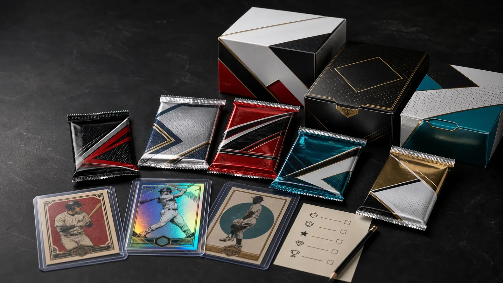 Unbranded baseball card packs, hobby boxes, sleeved cards, and a collector decision checklist