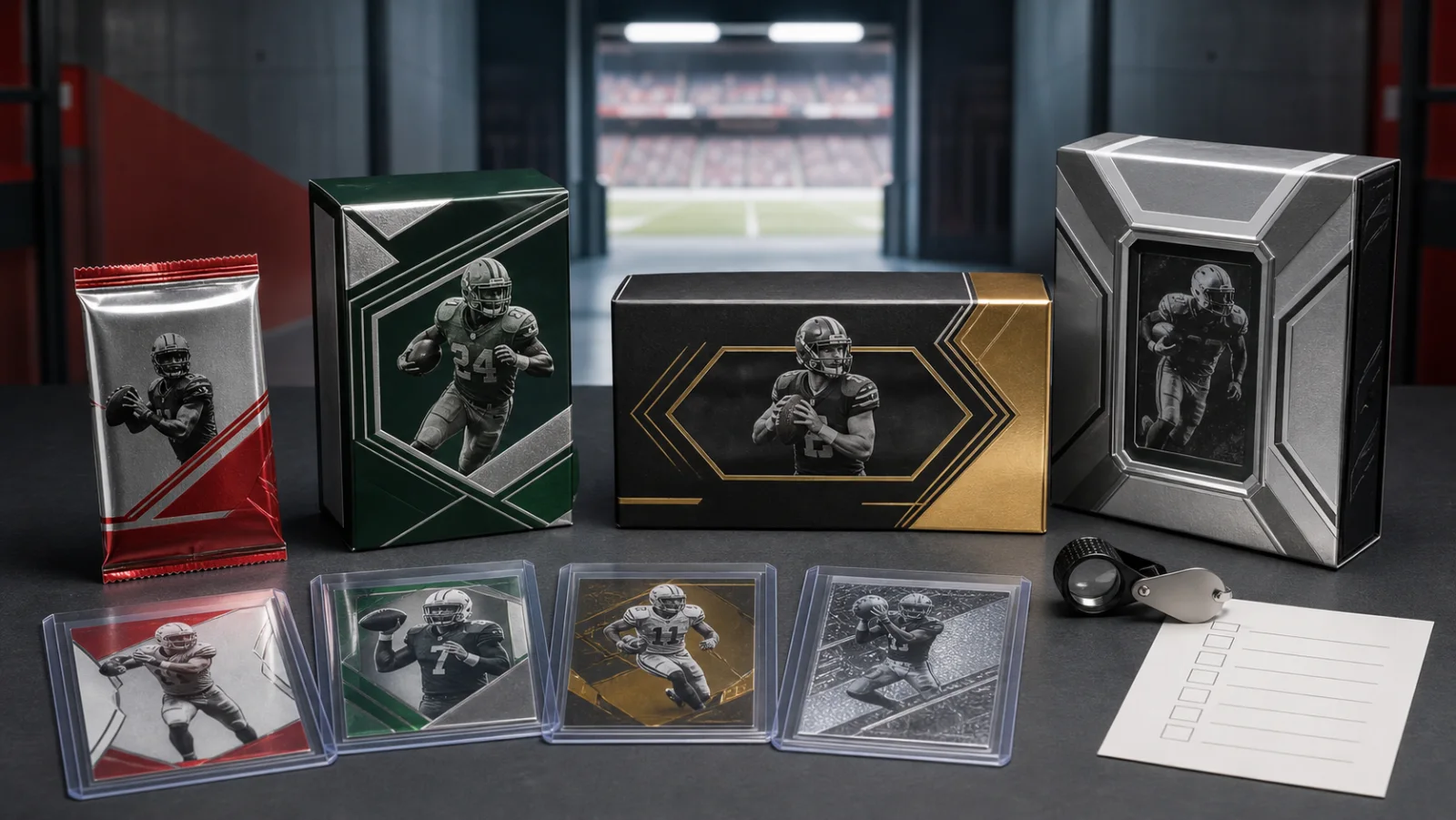 Fictional football card packs, hobby boxes, and sleeved cards arranged for a collector comparison