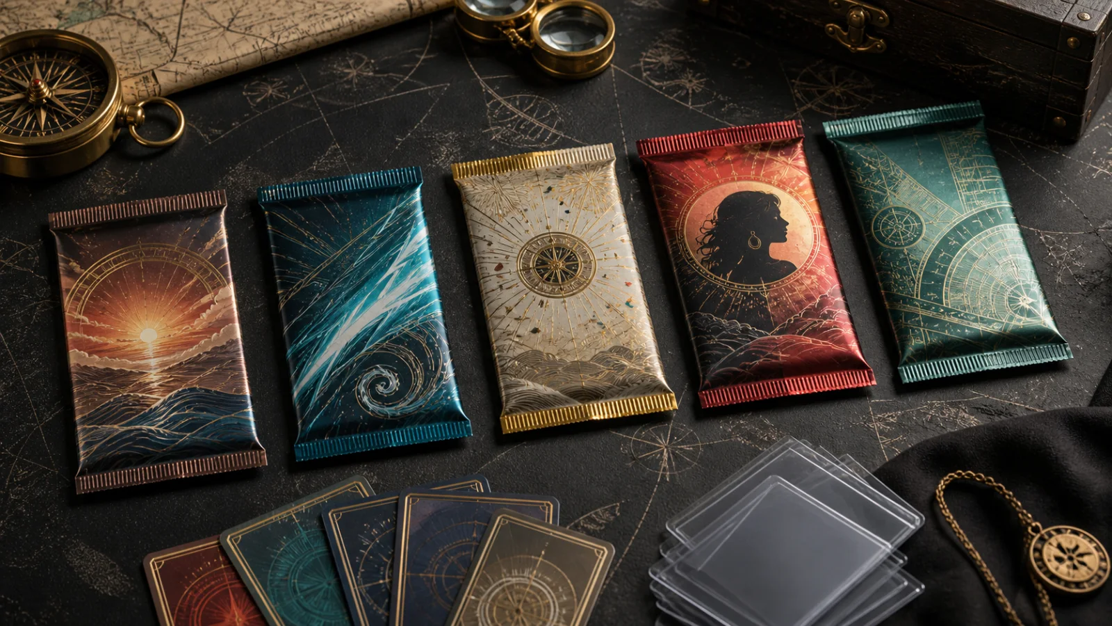 Five generic pirate-themed collectible card packs arranged for comparison on a collector worktable