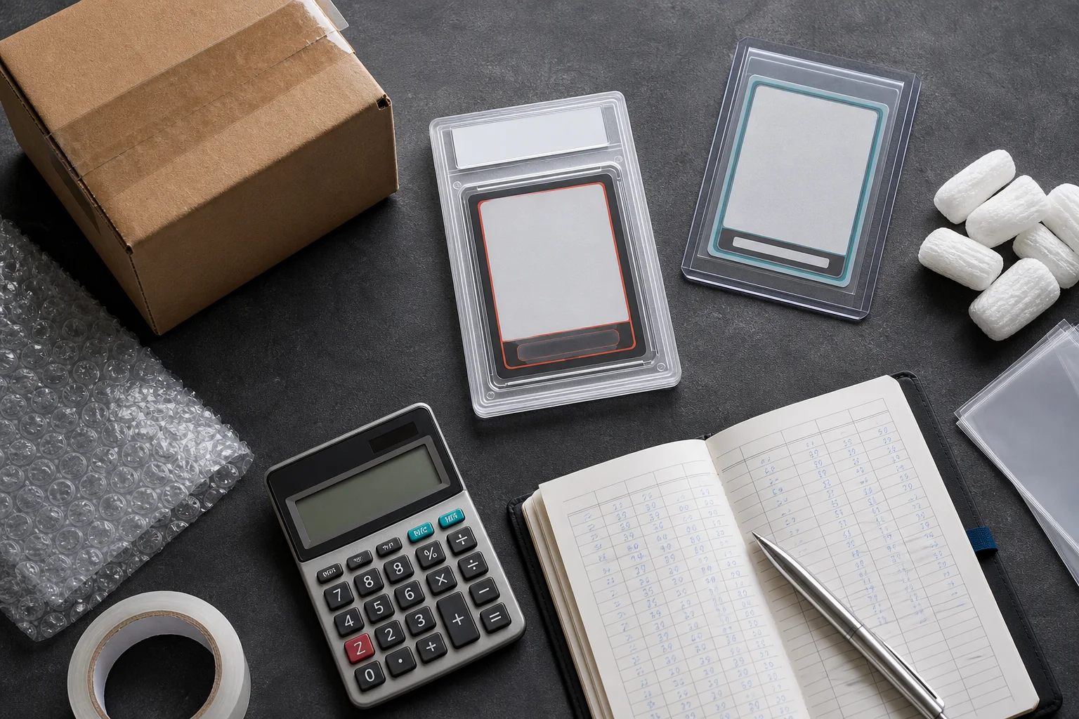 Trading card grading slabs, shipping supplies, calculator, and cost ledger