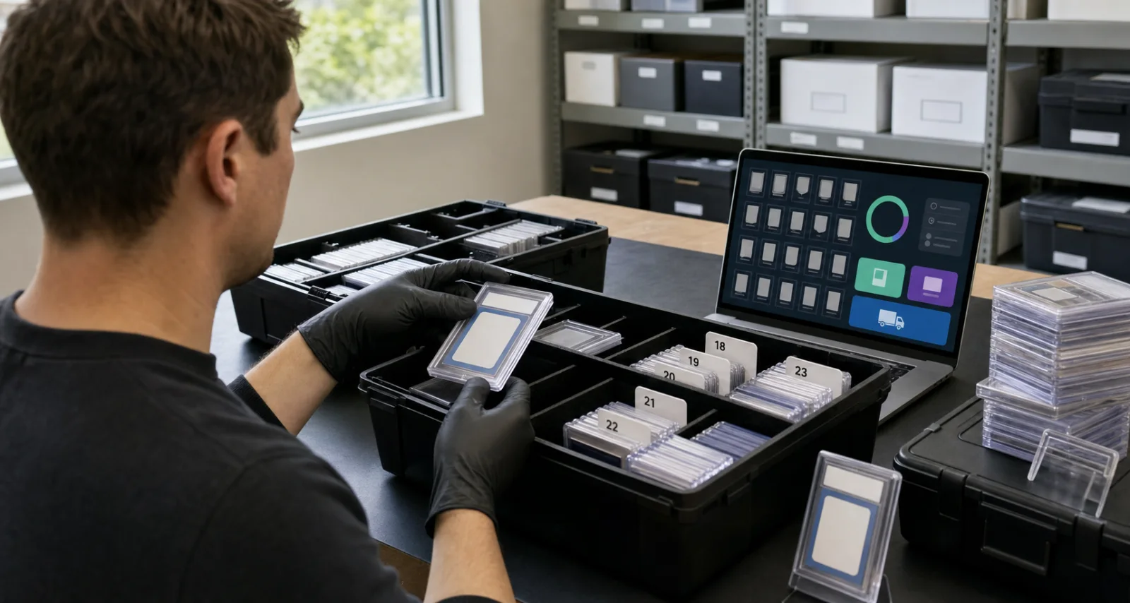 Secure card-vault workstation with protected cards, archival trays, and a digital inventory screen