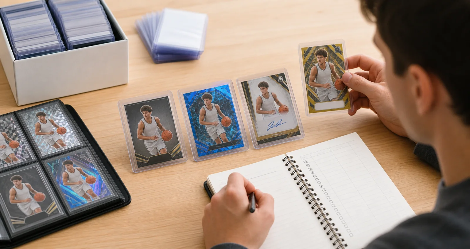 Collector comparing fictional basketball rookie card formats and parallel treatments beside a checklist