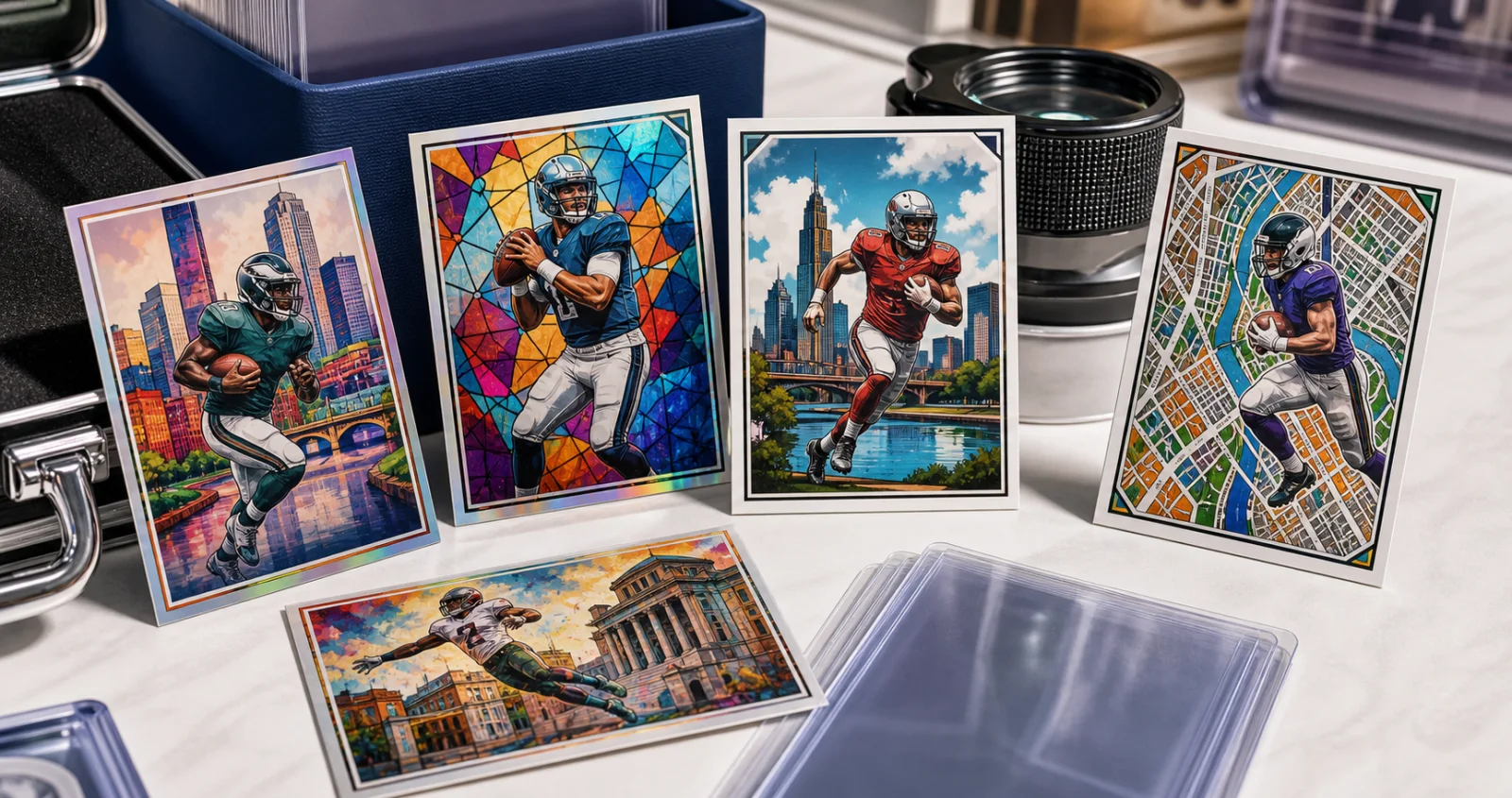 Fictional football insert cards with colorful city murals, skylines, maps, and landmark backgrounds