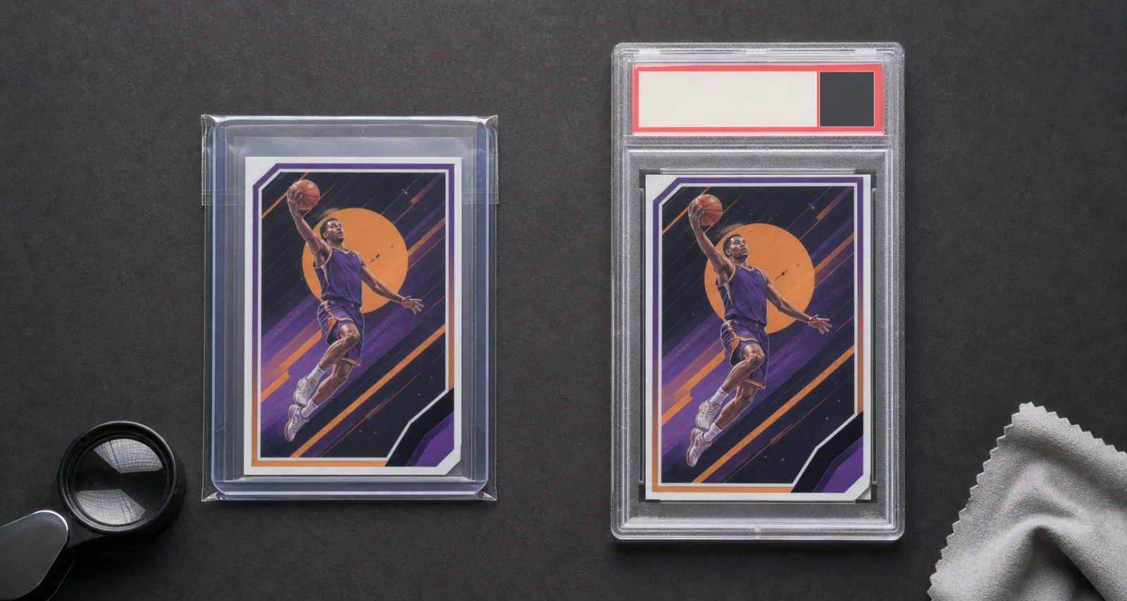 The same fictional basketball card shown raw in a top loader and encapsulated in a grading slab