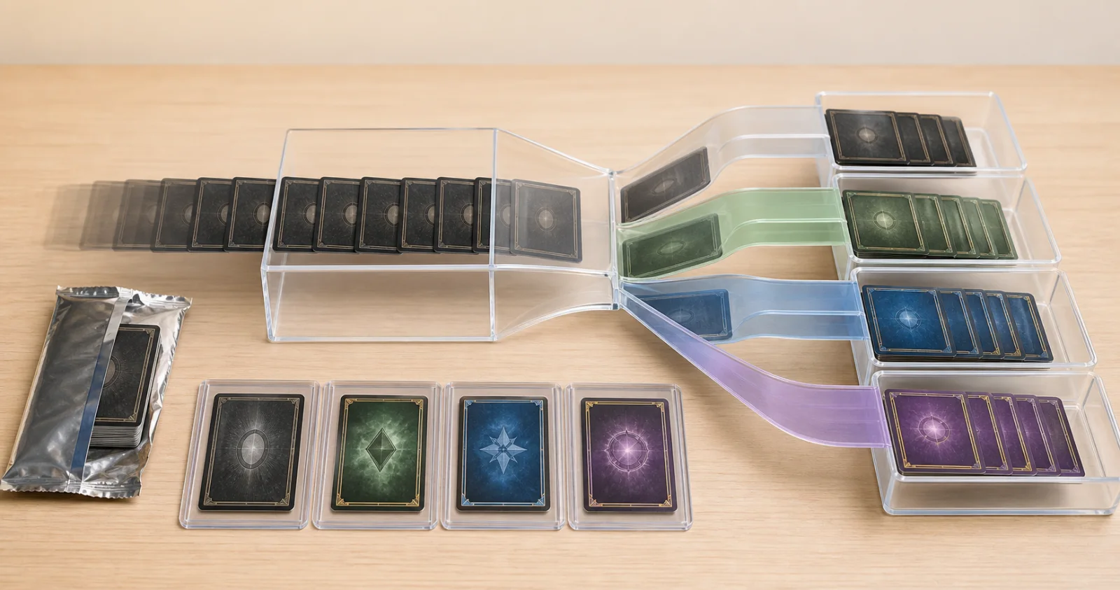 Generic card outcomes passing through a transparent distribution funnel into four rarity trays