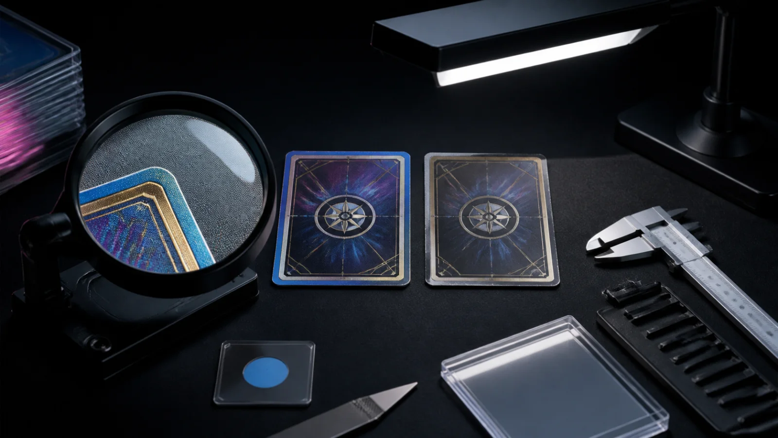 Generic trading cards examined under a magnifier with angled light and calipers