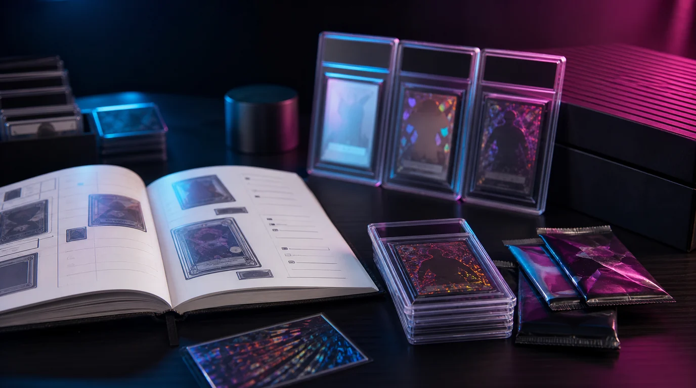 Collector desk with generic graded cards, unopened card packs, and a collecting guide lit in cyan and magenta for the Pullmarket Learn hub