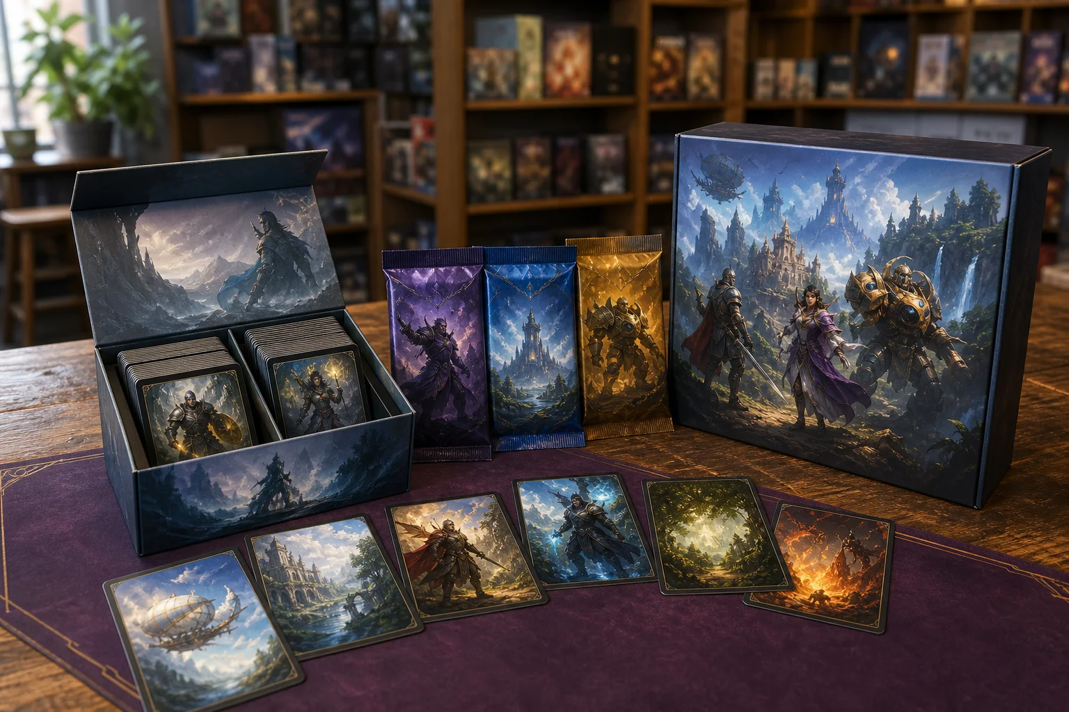 Original fantasy trading-card starter deck, booster packs, and collection box arranged for comparison