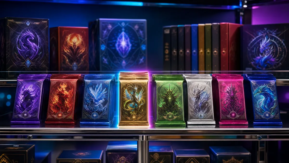 Illustrative row of colorful fantasy trading-card booster packs and deck boxes in a card shop; generic category image, not official Lorcana product photography