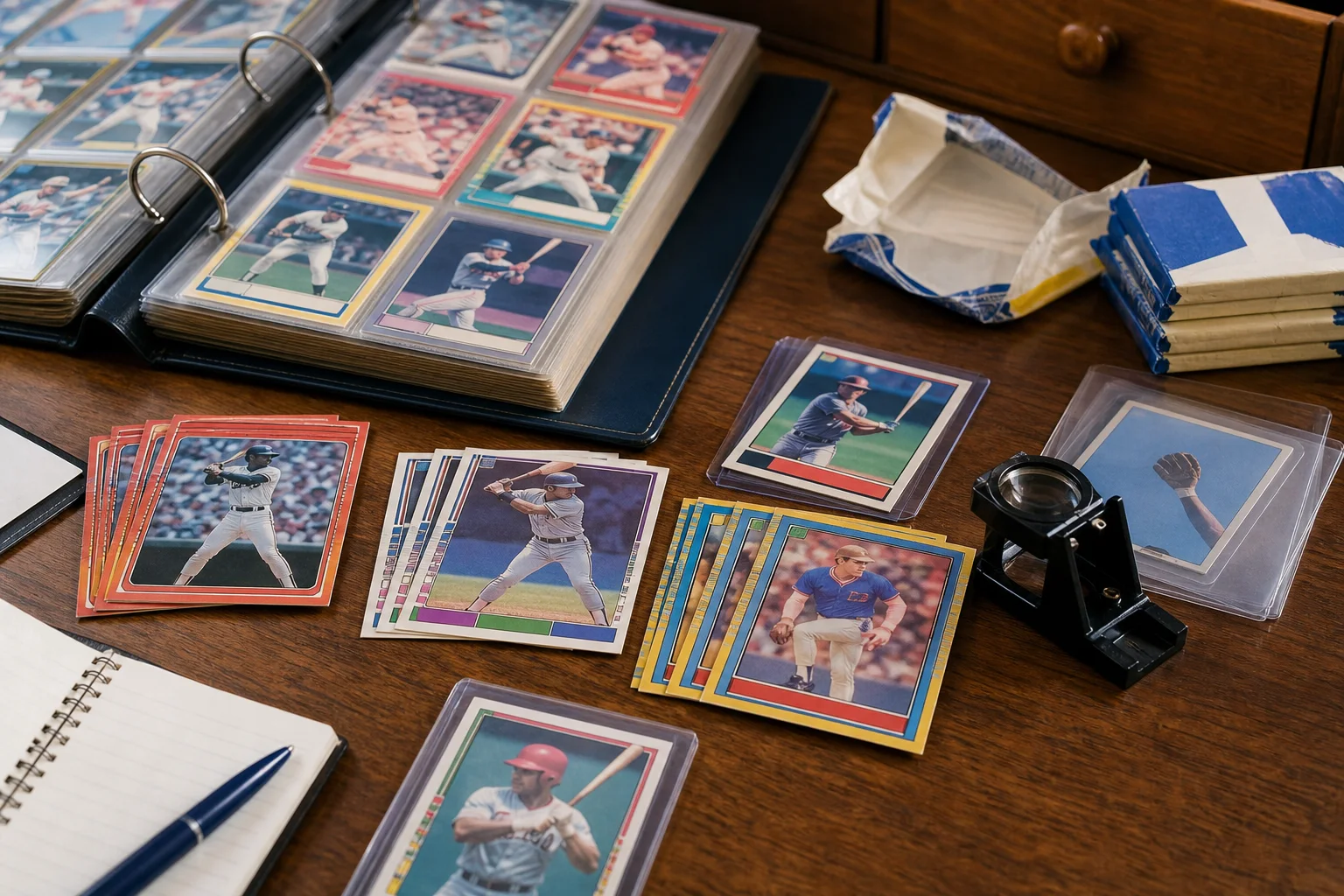 Fictional 1980s-style baseball cards, vintage binder, wax wrappers, and condition-inspection loupe