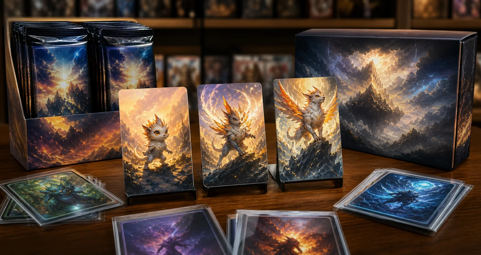 Original three-stage fantasy creature card evolution displayed with generic booster and collector products