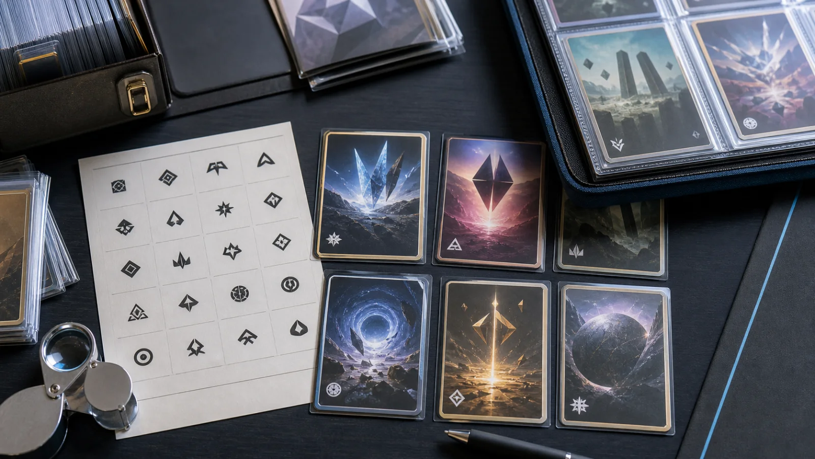 Fictional trading cards matched to abstract set marks on a collector reference sheet
