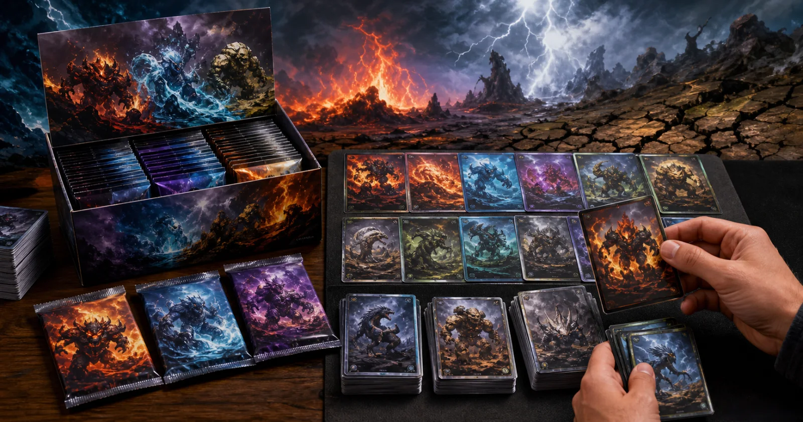 Original elemental creature cards sorted beside generic booster packs and a sealed display