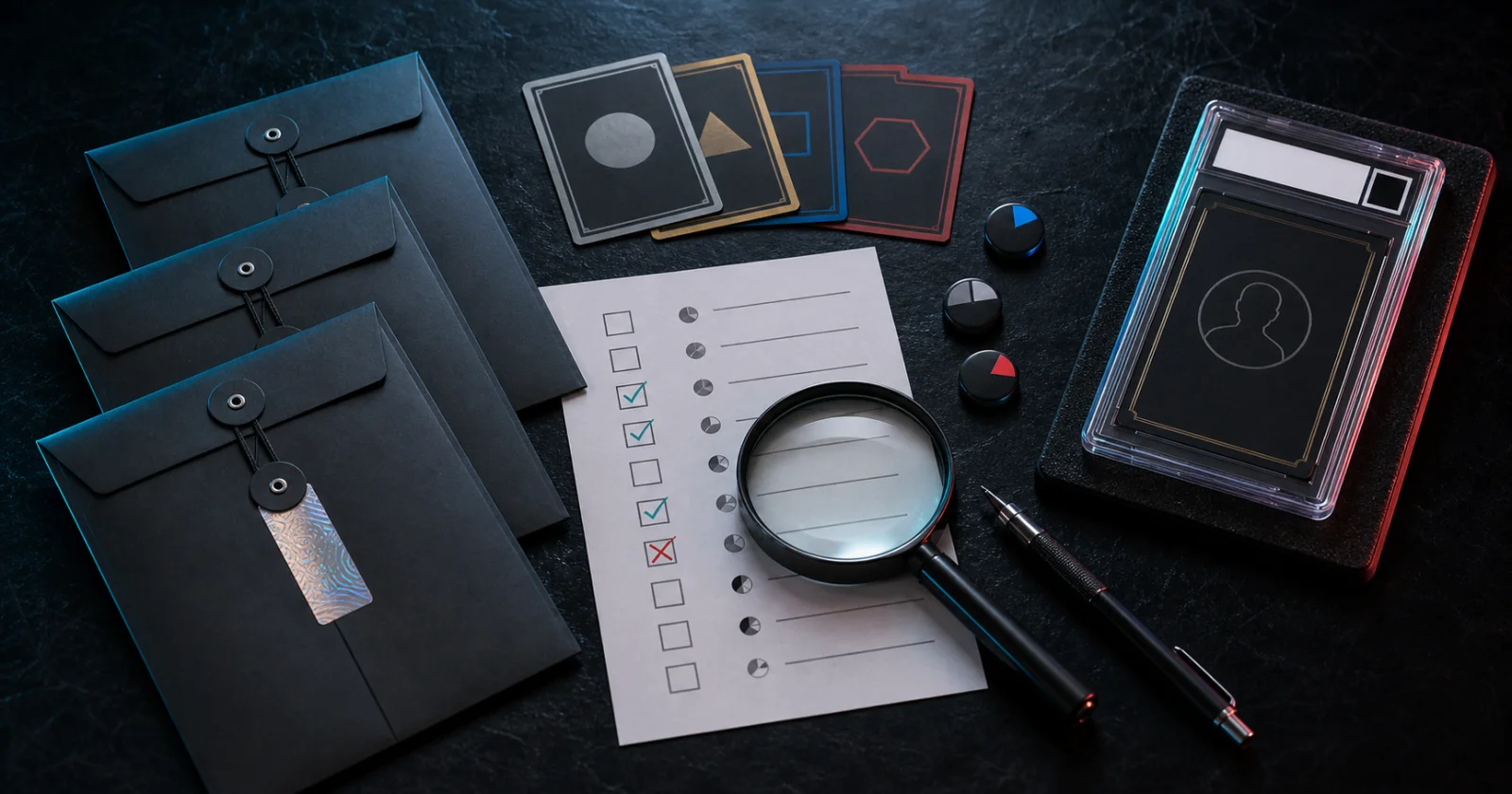 Unbranded mystery card envelopes beside a disclosure checklist, magnifying glass, probability markers, and graded card holder
