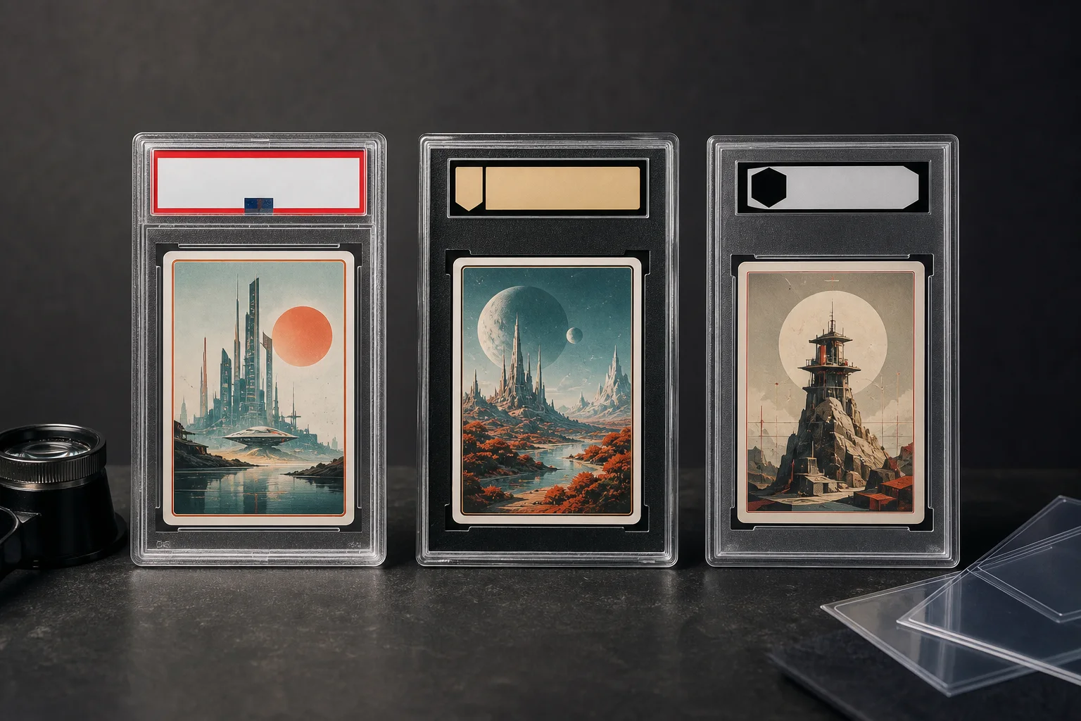 Three differently styled graded trading card slabs compared side by side on a collector worktable