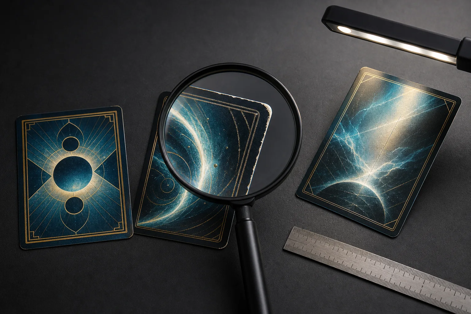 Generic trading cards examined under a magnifier and raking light for edge and surface defects