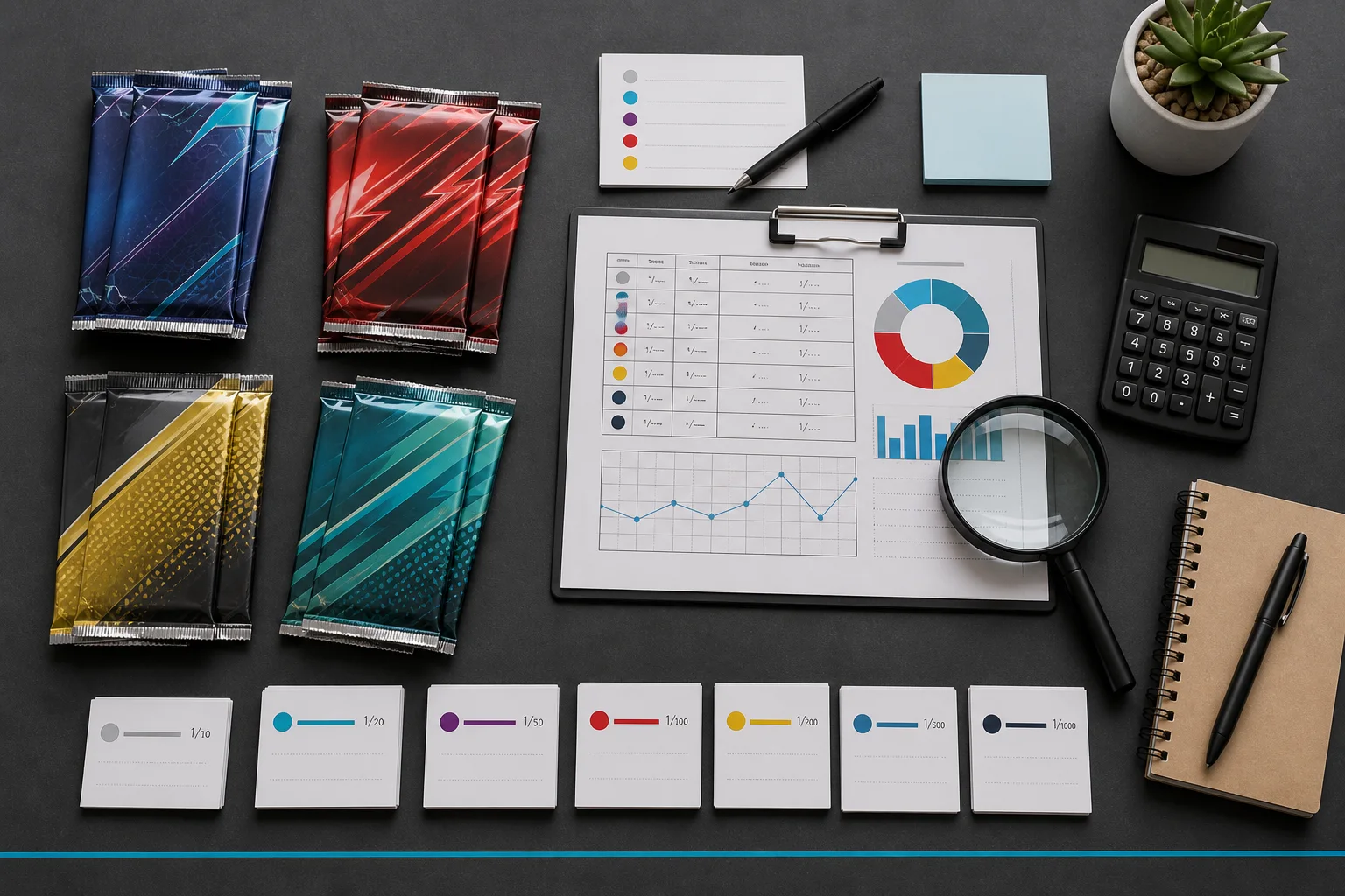 Trading card packs beside an odds worksheet and probability calculator