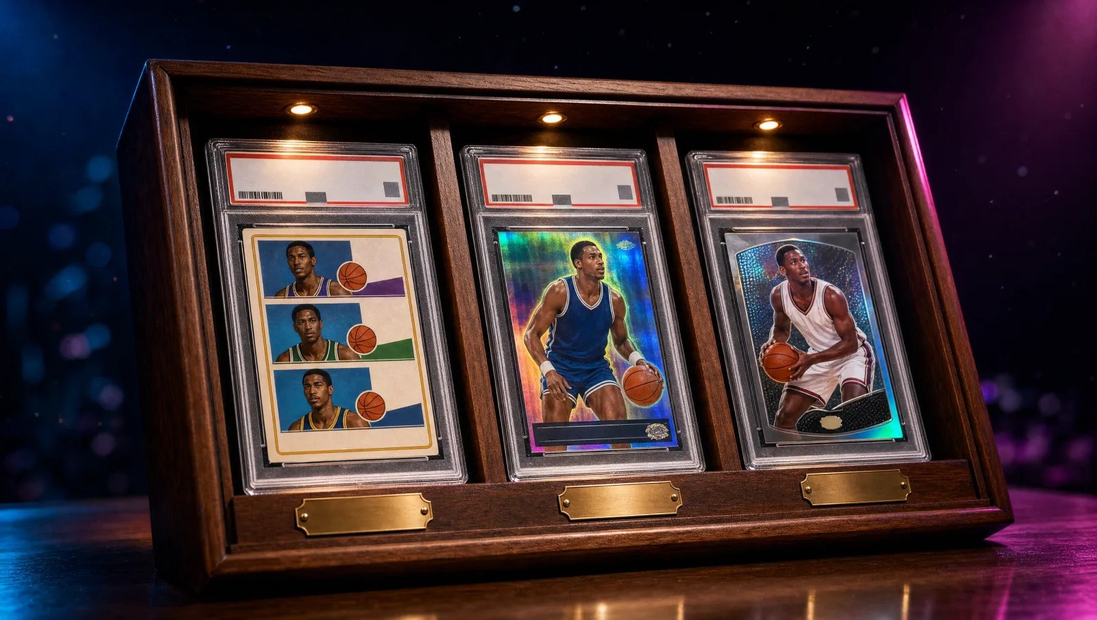 A wooden museum-style display case holding three graded vintage basketball trading card slabs spanning 1980-2009 — original portrait illustrations of fictional players in 1980s-2000s NBA-style uniforms representing the Bird/Kobe/Curry vintage lineage