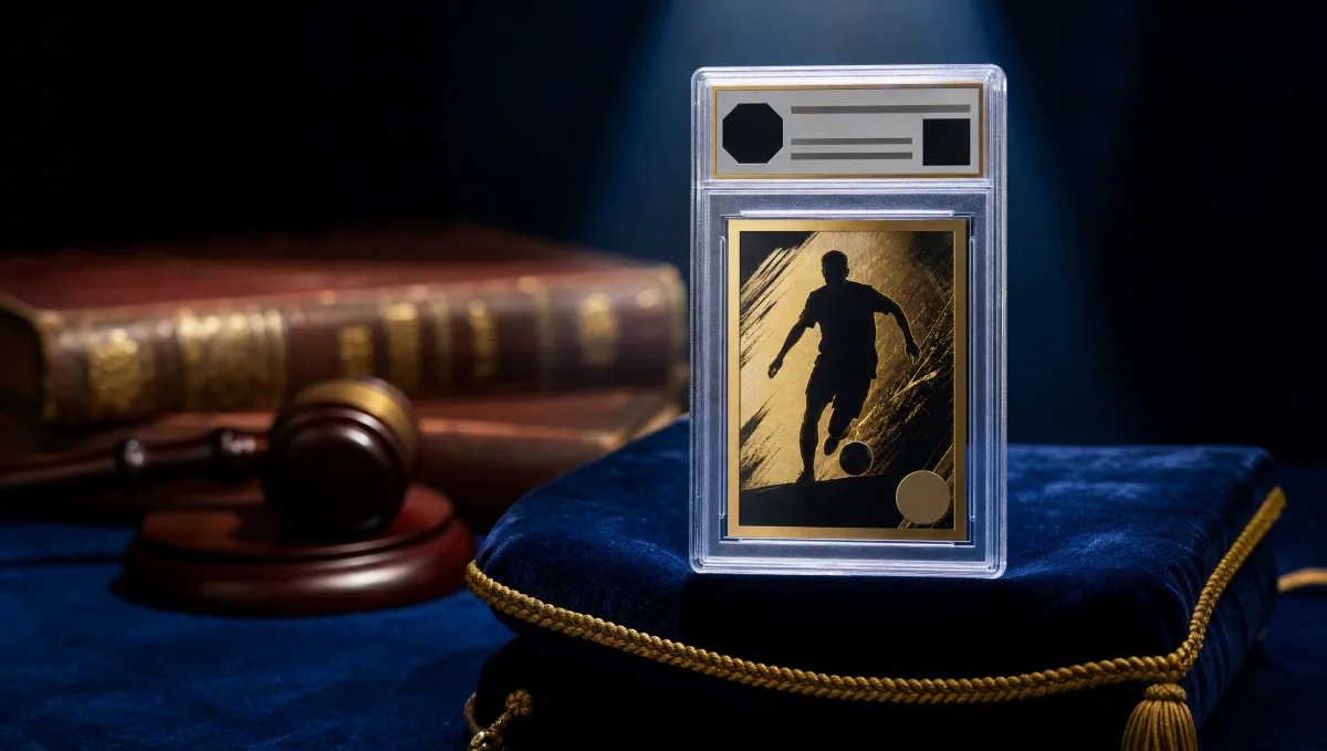 A vintage graded soccer-card slab on a velvet pedestal under a dramatic spotlight, with two more graded slabs and an auctioneer's gavel out of focus — luxury auction-house display of the most valuable soccer cards ever sold