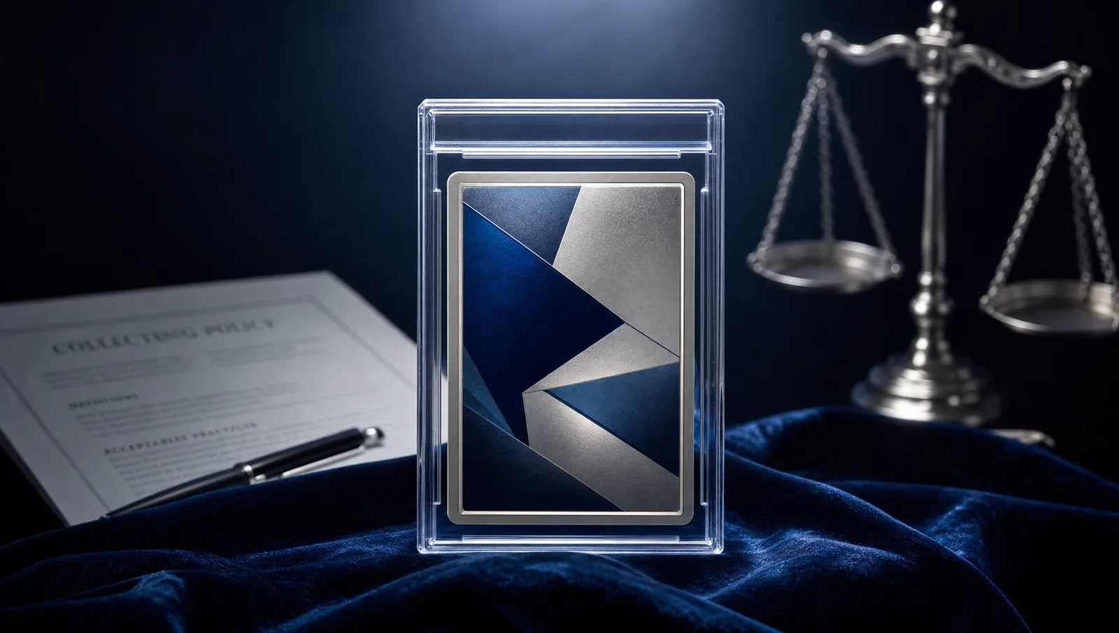 A calm 16:9 still life — a single graded trading-card slab on deep midnight-blue velvet under a single museum spotlight, with a legal document and a balanced scale of justice softly out of focus in the background. No casino motifs, no slot-machine cues — the visual opposite of every gambling-aesthetic SERP result on the topic.