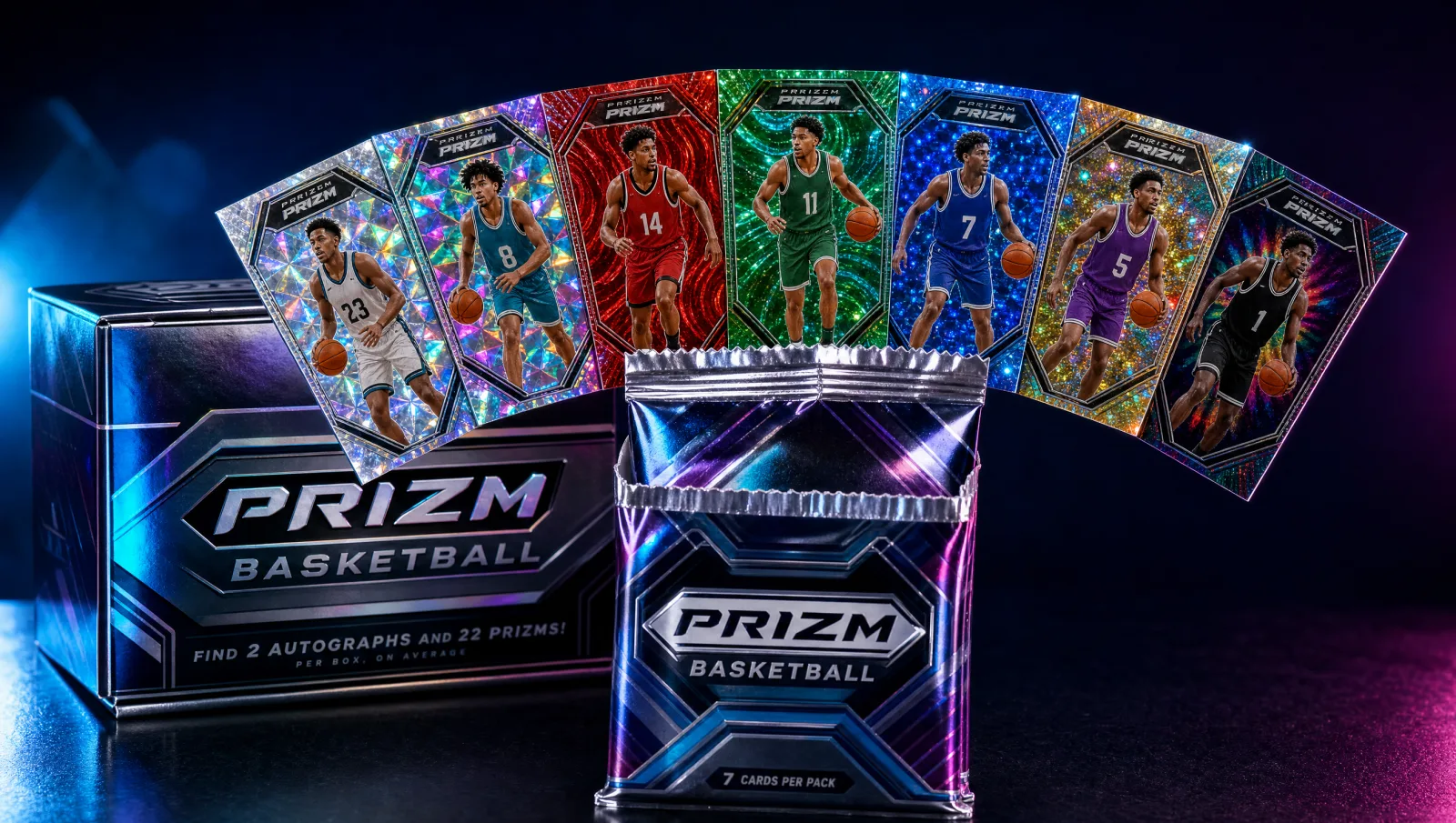 A chrome booster pack with seven different refractor color variants (silver, hyper, red wave, green pulsar, blue disco, mojo, tie-dye) fanned out above a PRIZM BASKETBALL hobby box — Panini Prizm Basketball refractor variety display