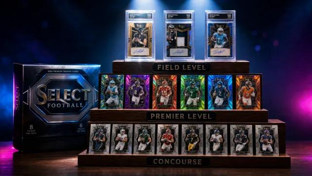 Panini Select Football guide covering Concourse, Premier, Club, Suite, and Field levels