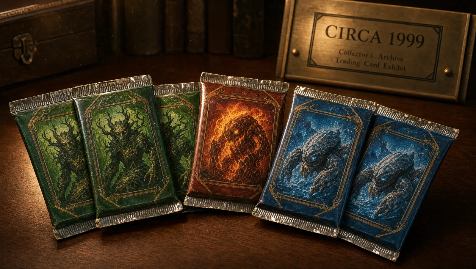 Vintage 1999-era trading card sealed booster packs in original green, red, and blue foil wrappers fanned across a walnut-wood table under warm tungsten light — Base Set, Jungle, and Fossil sealed pack collector's display