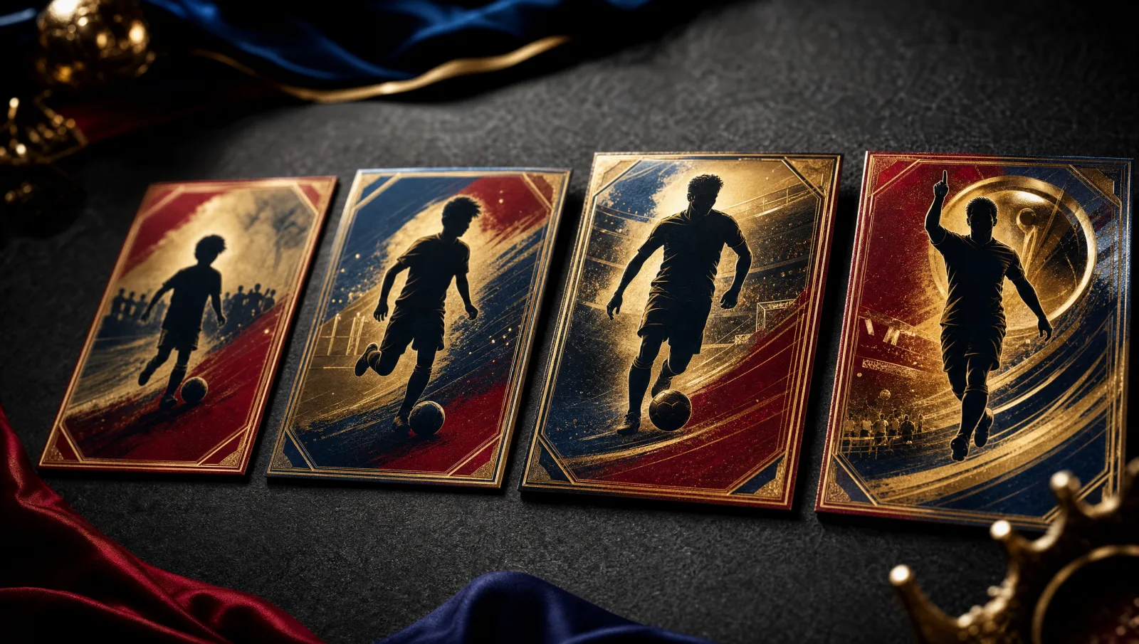 A 2002-era Portugal-only soccer rookie card slab on a velvet pedestal beside a sticker album and three parallel graded slabs — Cristiano Ronaldo Sporting CP rookie-grail display