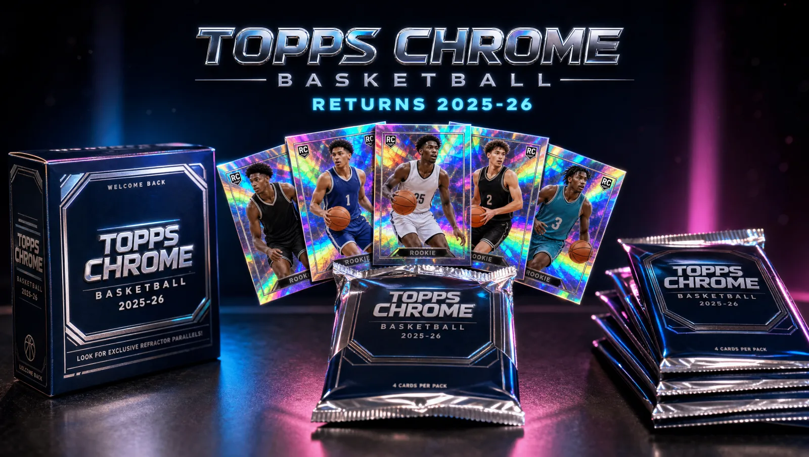 A chrome-finish 2025-26 Topps Chrome Basketball booster pack opened with five holographic rainbow-refractor cards fanned out above a hobby box and three more unopened packs — 'Topps Chrome Returns' flagship product display