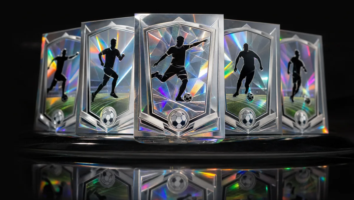 Abstract chrome refractor-foil composition with a silhouetted soccer player and a flat-lay chrome card — 2025-26 Topps Chrome Soccer family display