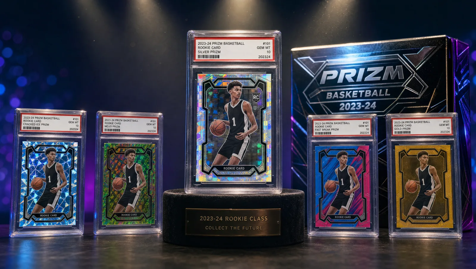 A graded chrome refractor 2023-24 Panini Prizm Silver basketball rookie card slab on a velvet pedestal surrounded by four parallel color variant graded slabs and a chrome-foil hobby box — Wembanyama 2023-24 modern grail display